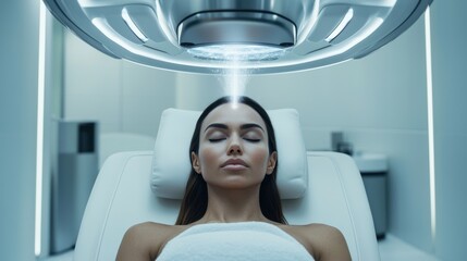 Modern Spa Treatment with Advanced Technology for Relaxation and Wellness, Young Woman Enjoying Facial Therapy in Minimalist Environment
