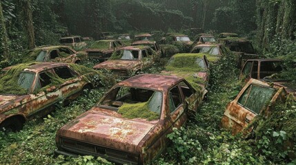 Abandoned Cars Overgrown with Greenery in a Dense Forest, Showcasing Nature's Reclamation Over Time and Environmental Changes