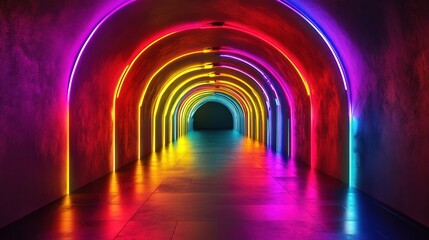Obraz premium A long, arched tunnel illuminated by vibrant neon lighting in a spectrum of colors