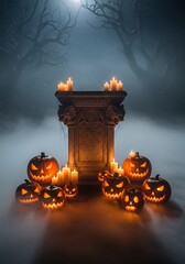 Eerie Halloween Night: Glowing Pumpkins and Candles in a Misty Forest Setting