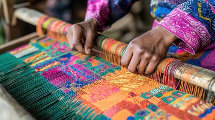 Skilled Artisan Weaving Colorful Textile on Traditional Loom in Vibrant Workshop Setting with Intricate Patterns and Rich Colors for Cultural Heritage