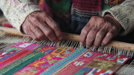 Hands of an Artisan Weaving Traditional Textiles with Colorful Threads and Intricate Patterns in a Craft Workshop