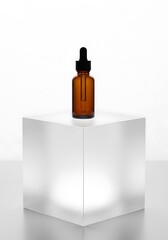 Elegant amber glass dropper bottle on a minimalist white acrylic display cube
