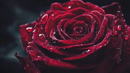 Close-up of a Single Red Rose with Dew Drops Glimmering on Its Petals Surrounded by Dark Background