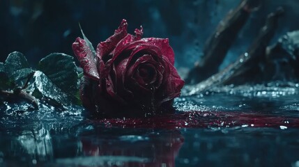 Close-Up of a Red Rose Surrounded by Dark Water with Raindrops and Mysterious Background