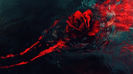 A Striking Red Rose Blossoms on Dark Waters Emitting Ripples of Vibrant Red Hues and Whispering Traces of Beauty and Mystery in a Lushly Textured Background