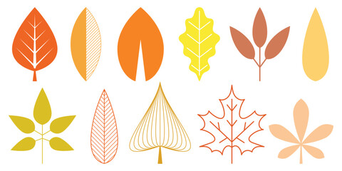 Set stylized geometric leaves, autumn leaves, isolated silhouette on white background, vector design