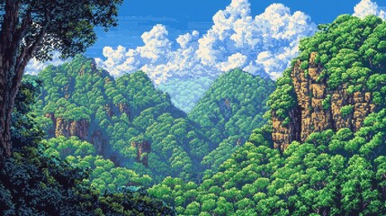 Lush Green Mountain Landscape with Dramatic Clouds and Vibrant Vegetation in a Pixel Art Style Depicting Nature's Beauty and Serenity