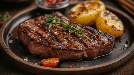 Grilled steak with garnishes on a rustic plate on blurred background 