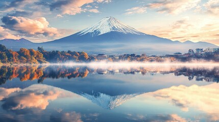 Majestic View of Mount Fuji at Sunrise with Calm Reflection on Serene Lake Surrounded by Autumn Colors and Lush Nature