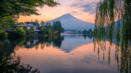 Tranquil Sunset View Over Lake with Mount Fuji Reflection, Serene Japanese Landscape, Peaceful Nature Scene with Colorful Sky and Lush Foliage