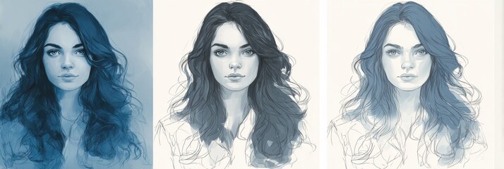 Layered Hair Tutorial Sketches Featuring Hairstyles in Various Stages on a Clean Blue-White Background
