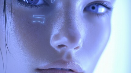 Close-up Portrait of a Futuristic Digital Human with Iridescent Skin and Electric Blue Eyes, Radiating a Sense of Advanced Technology and Innovation