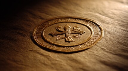 Golden seal emblem on textured parchment, symbolizing ceremonial achievement with warm and focused lighting.
