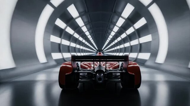 Red futuristic racing car moving in a wind tunnel