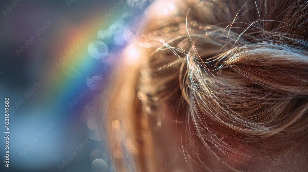 Poster glossy hair shines brightly with rainbow reflections in a soft bokeh backdrop, perfect for creative 