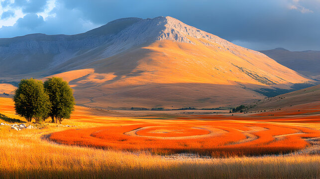 Three trees on a path leading to a mountain range under a dramatic sky.