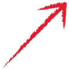 右上の方向に縁起よく右肩上がりの直線で力強く上昇する赤い色の手描きチョーク風の矢印イラスト素材。ベクター。