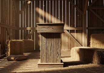Rustic Charm: Vintage Wooden Podium and Hay Bales in a Sunlit Barn Interior