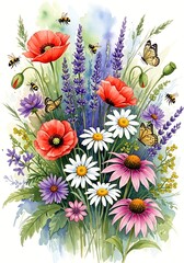 Watercolor Floral Arrangement Featuring Poppies Daisies Lavender and Pollinating Insects