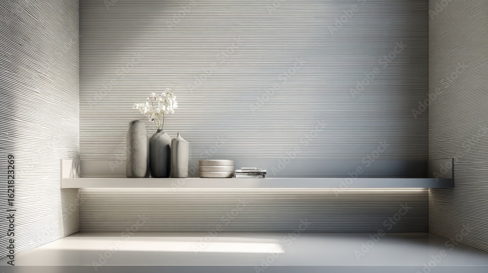 Poster textured wall panels with subtle lighting adding depth and dimension to a modern room