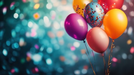 birthday celebration with balloons and confetti, colorful festive decorations on a background, soft blurred background
