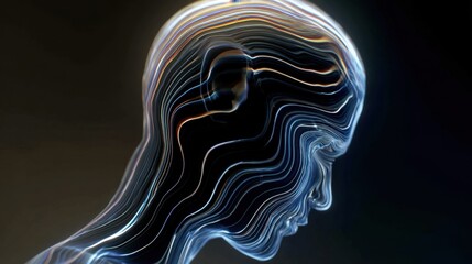 Highcontrast looping image of undulating neon bands crossing a translucent head silhouette simulating aurarelated sensory disruptions.