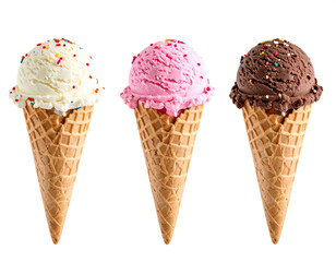 Three delicious ice cream cones vanilla strawberry chocolate with colorful sprinkles a sweet treat