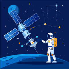 An astronaut standing on a planet is pointing at a satellite against a deep blue space background with constellations and planets, depicting space exploration and cosmic adventures.
