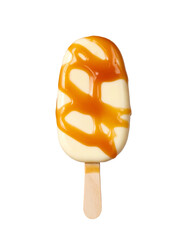 Indulge in creamy vanilla ice cream bar drizzled with rich caramel sauce, a perfect sweet treat.