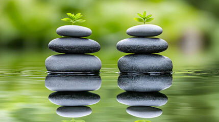 Two stacks of gray stones with small green plants on top, reflected in still water.