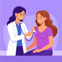 Friendly female doctor using a stethoscope to examine a smiling patient during a routine checkup, promoting wellness and healthcare in a colorful illustration.
