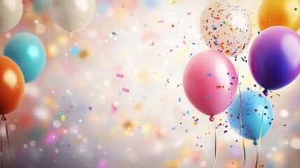 Happy birthday celebration with balloons and confetti on blurred background 