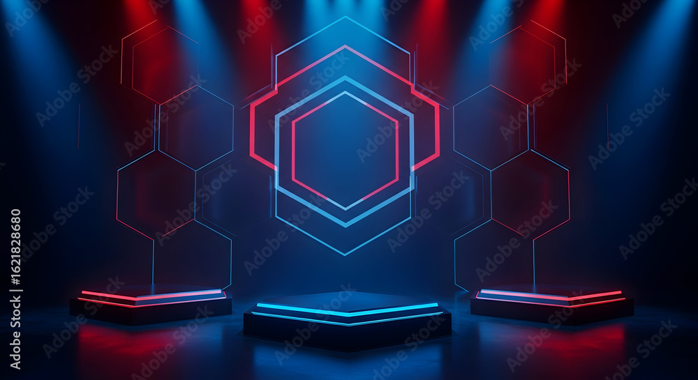 Poster futuristic product stage 3d render illuminated by red blue lights technology background. geometric h