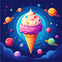 A whimsical illustration of an ice cream cone surrounded by colorful planets and stars in a cosmic galaxy setting, perfect for playful and imaginative designs.