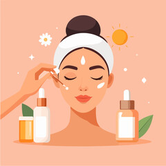 Woman applying skincare with serum bottles, representing a beauty routine and healthy lifestyle on a pastel background with decorative elements.
