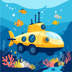 Cartoon yellow submarine exploring the deep blue sea surrounded by colorful coral reefs and playful fish creating a whimsical underwater scene.