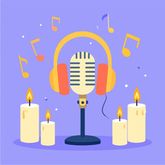 An inviting ambiance with a vintage microphone, headphones, music notes, and warm candlelight provides the perfect atmosphere for creating or enjoying music.