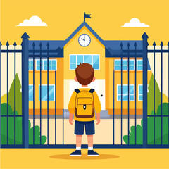 An illustration of a young student wearing a backpack facing a school building through a gate on a bright sunny day, conveying education, childhood, and the start of school.