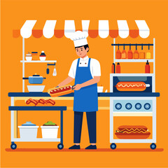 A cheerful cartoon illustration depicts a chef preparing a hot dog at a food stand against an orange background, perfect for illustrating food businesses and culinary-themed content.