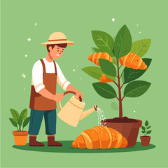 A cheerful gardener waters a whimsical tree bearing croissants instead of fruit, nestled amongst potted plants on a light green background, creating a playful and imaginative scene.