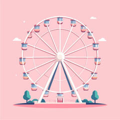A minimalist vector illustration of a Ferris wheel on a pink background, featuring a clean design with soft colors and a charming, nostalgic atmosphere for various creative projects.