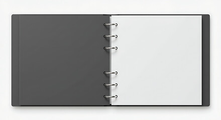 Top view of an open ring binder with blank white pages. Office stationery concept for business organization and planning.
