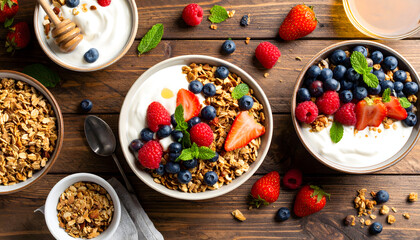 Top view of healthy breakfast bowls with granola, fresh berries, yogurt, and honey on a wooden table