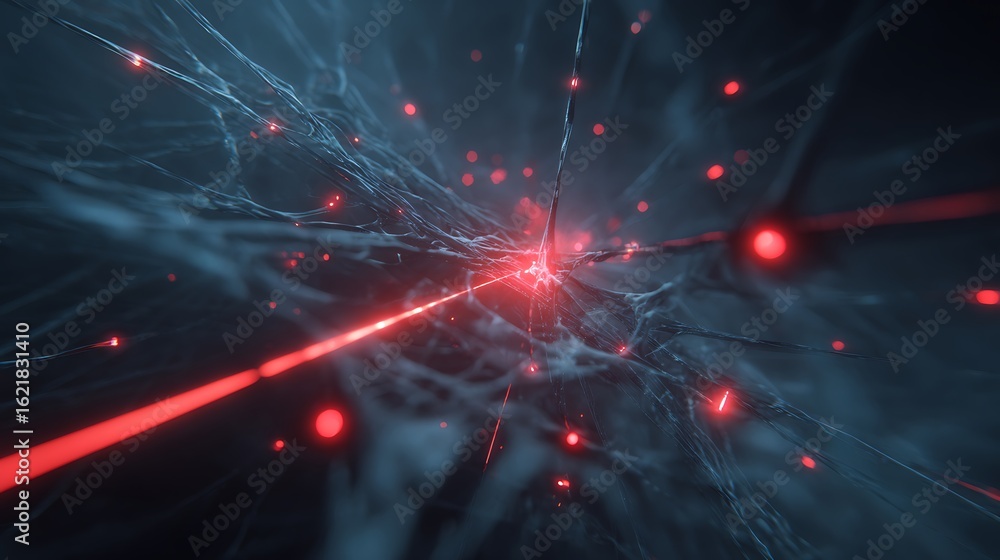 Poster abstract network connection with red light pulses, futuristic concept