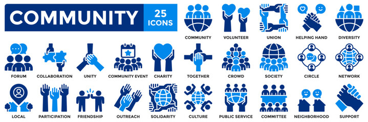 Community icon collection set. Containing together, diversity, solidarity, volunteer, society, friendship, unity icon. Simple flat vector illustration