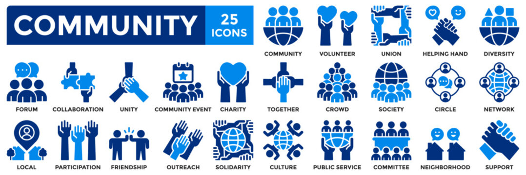 Community icon collection set. Containing together, diversity, solidarity, volunteer, society, friendship, unity icon. Simple flat vector illustration
