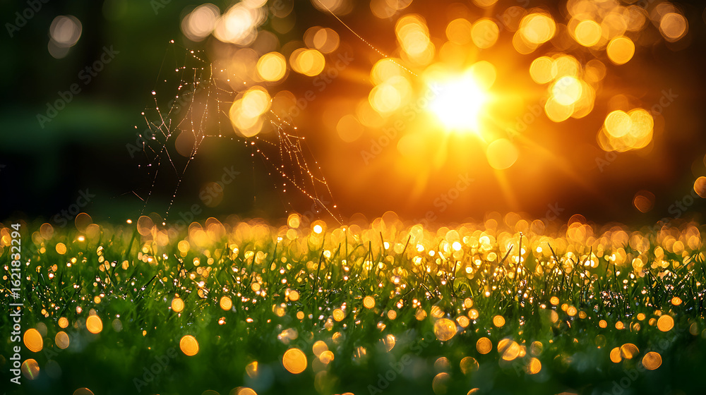 Poster sunset over a field of grass with bokeh effect
