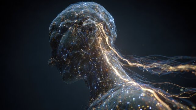 Medium shot showcasing a human contour glowing with sensory nodes linked by a shimmering sixth sense beam representing the fusion of physical and extrasensory perception in a
