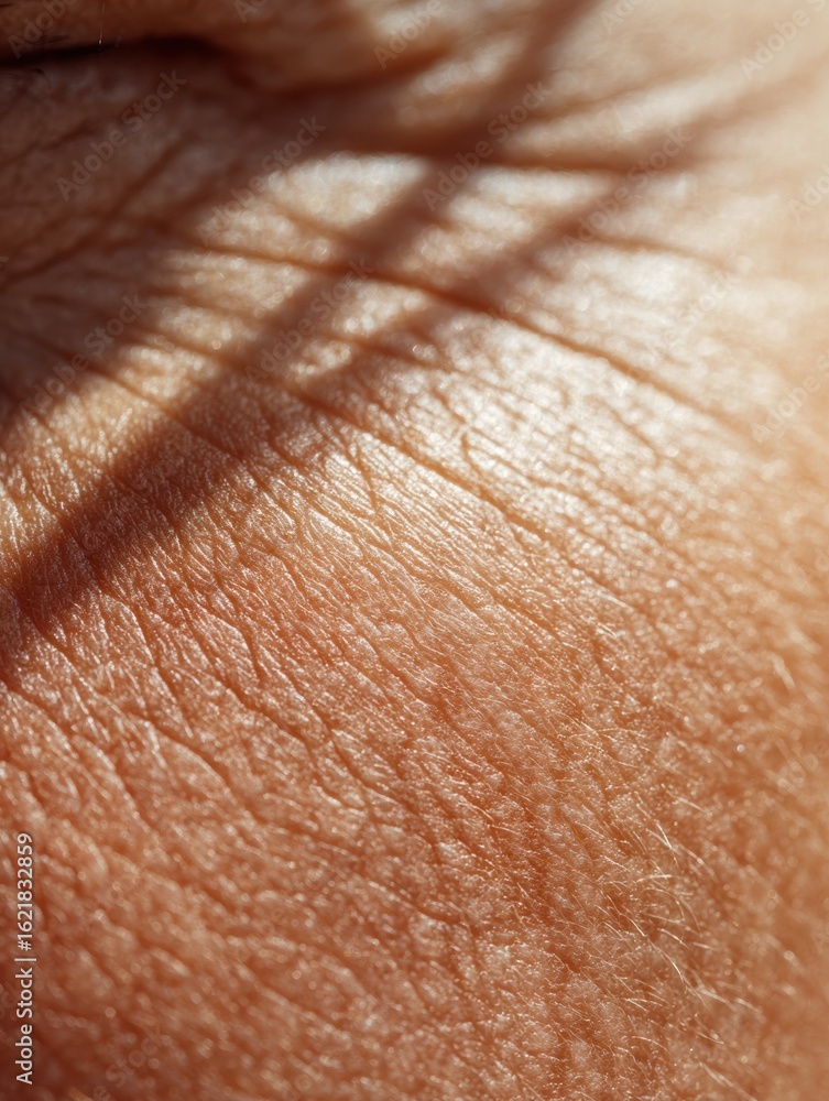 Aufkleber exploring the intricate details of skin texture illuminated by sunlight with abstract focus and blan
